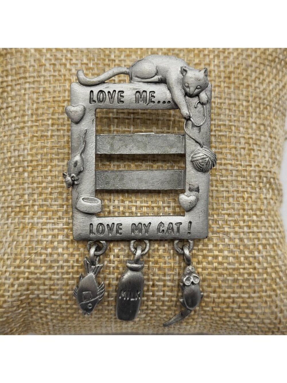 Vintage JJ Jonette Cat Frame Brooch Pewter Tone Love Me Love My Cat! Dangle